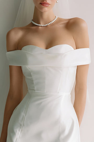 White Off The Shoulder Satin Bridal Shower Dress